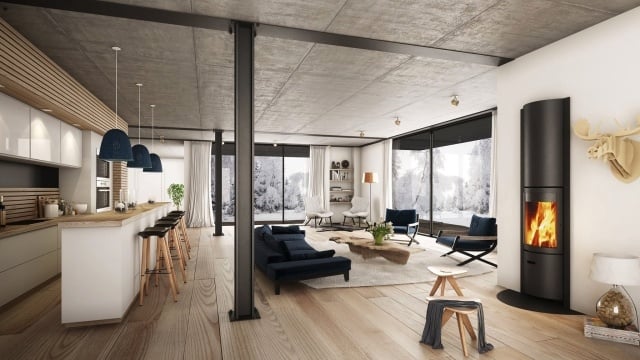 3d renderings ski Chalet Luxus-Einrichtung Loft-Stil einbauküche-indoor Kamin