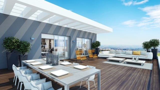 Dachterrasse-Möbel-Essbereich-Sitzbereich-gestalten-Ideen-hochmoderne-Wohnung-3d