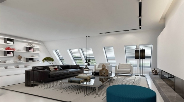 Dachwohnung-mit-Dachschrägen-Düsseldorf-Wohnzimmer-Kamin-Sofa-Set