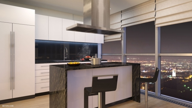 Design-Wohnung-mit-Panoramafenster-weiße-küche-oberschränke-grifflos