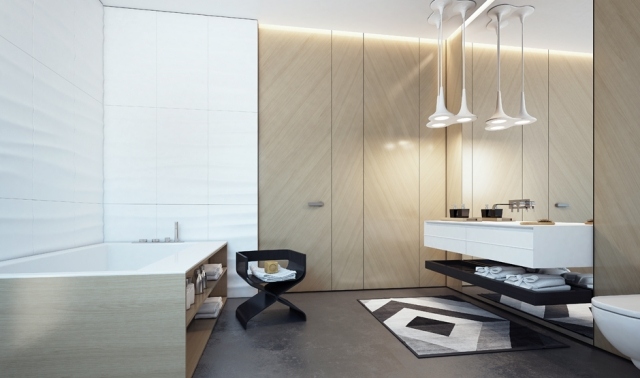 Design-badezimmer-3d-Oberflächen-weiße-Fliesen-wellenmuster-raumhoher-spiegel