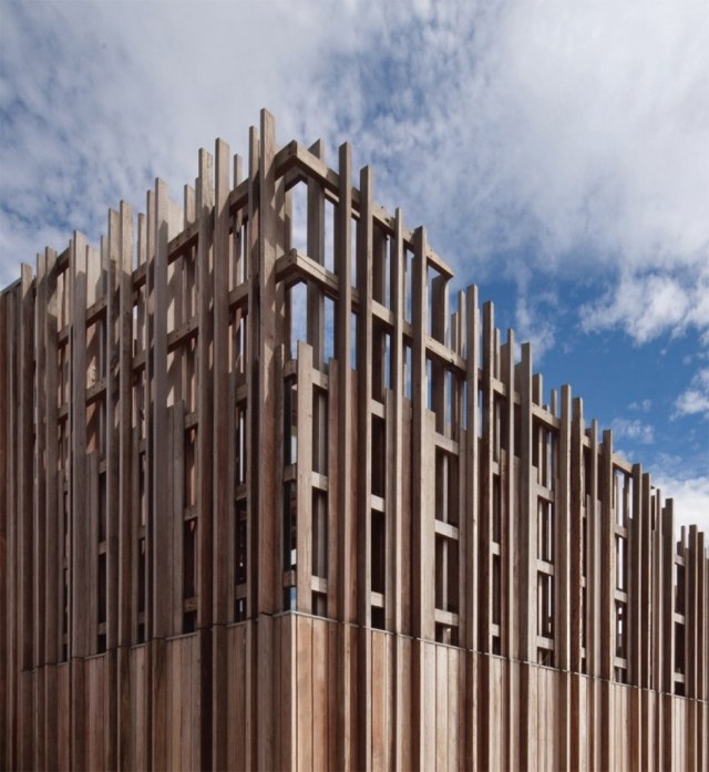 Designhaus-mit-auffälliger-Fassade-Holz-Struktur-durchsichtig