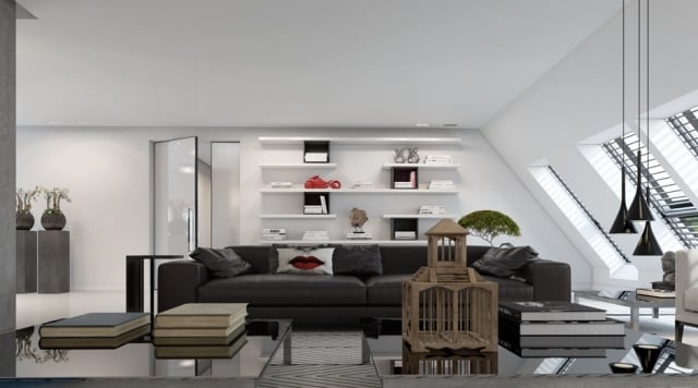Dusseldorf-Penthouse-Wohnung-Wohnzimmer-Sitzgarnitur-Dekokissen-Lippen-rot