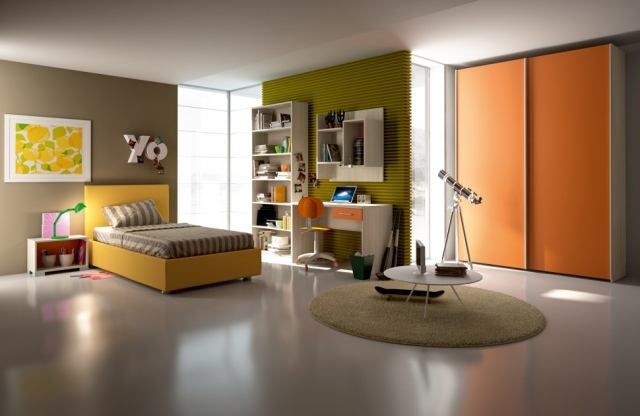 Ideen-moderne-Gestaltung-Teenagerzimmer-Kleiderschrank-orange-schiebetüren