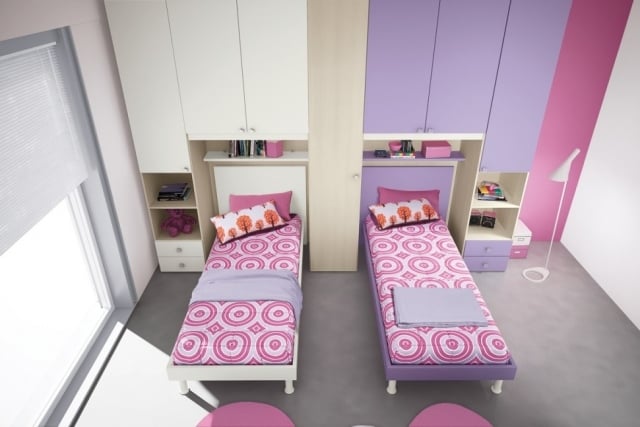 Jugendzimmer-Geschwister-Betten-Mädchen-Wohntextilien-Wandfarbe-lila