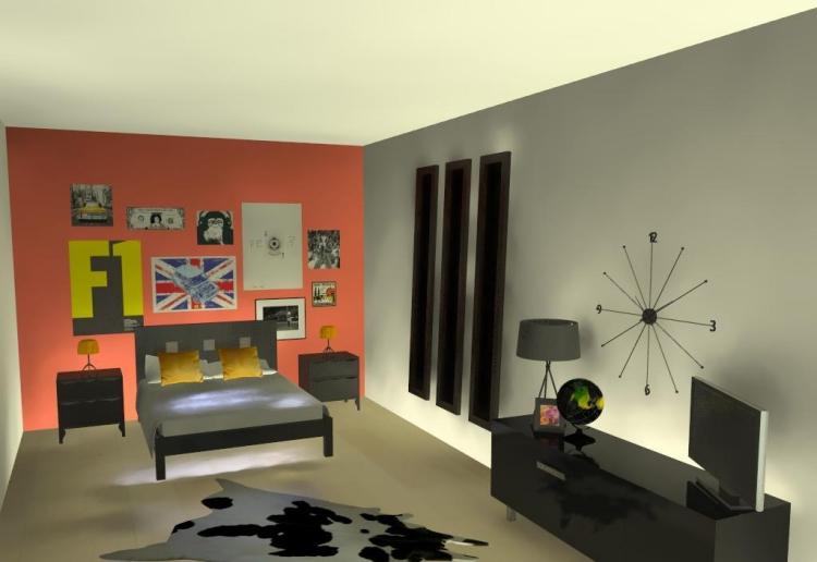 Jugendzimmer-gestalten-industrial-design-wandfarbe-orange-grau-bett-fellteppich-wanduhr