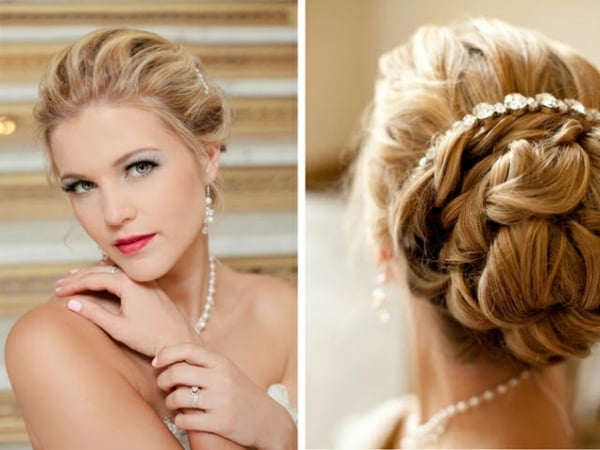 Perlenkette-Haarkrone-Dutt-aus-Schichten-Hochzeit