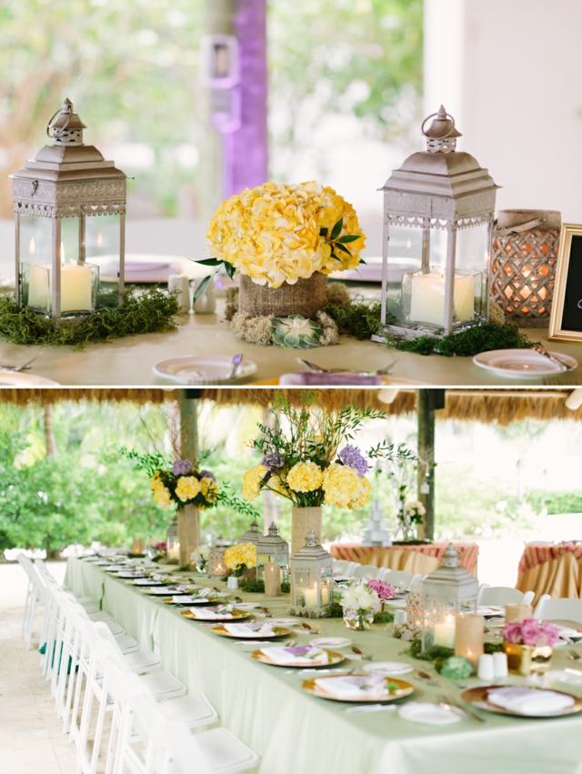 Vogelnest Hochzeit Tischdeko gelbe Hortensien Leinenstoff verkleidete Vase