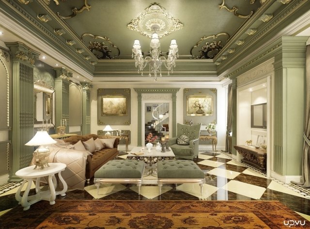 Luxus-Einrichtung-Rokoko-Elemente-grüne-Wände-Zierleisten-Kronleuchter-Wohnzimmer