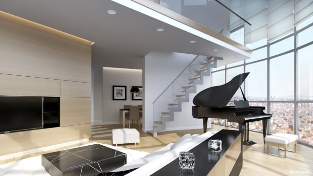 Luxus-Wohnung-ovale-Fensterfront-Wohnzimmer-Einrichtung-Klavier-schwarz