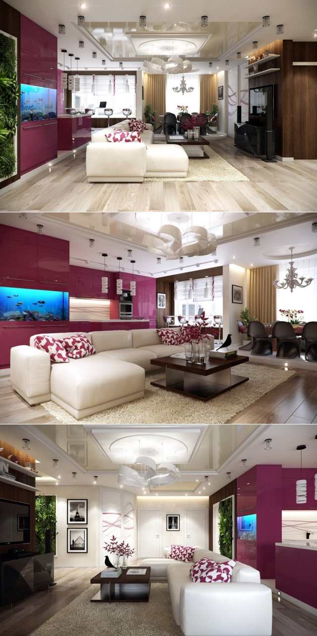 Ideen für Wohnzimmer Purpur Wand-Laminatboden weiß-sofa gemusterte couchkissen