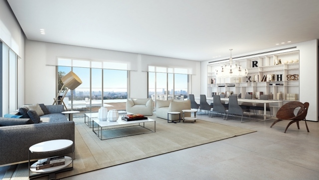 Moderne-Maisonette-Wohnung-hohe-Decke-Moderne-Möbel-wohnliche-textilien
