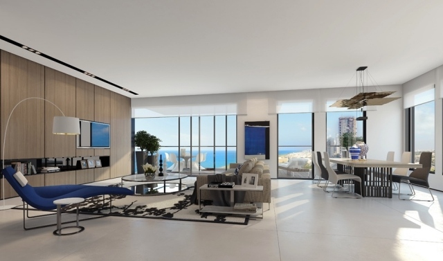 Moderne-penthouse-wohnung-offen-geräumig-loft-stil-blaue-stühle-wohnwand-holz