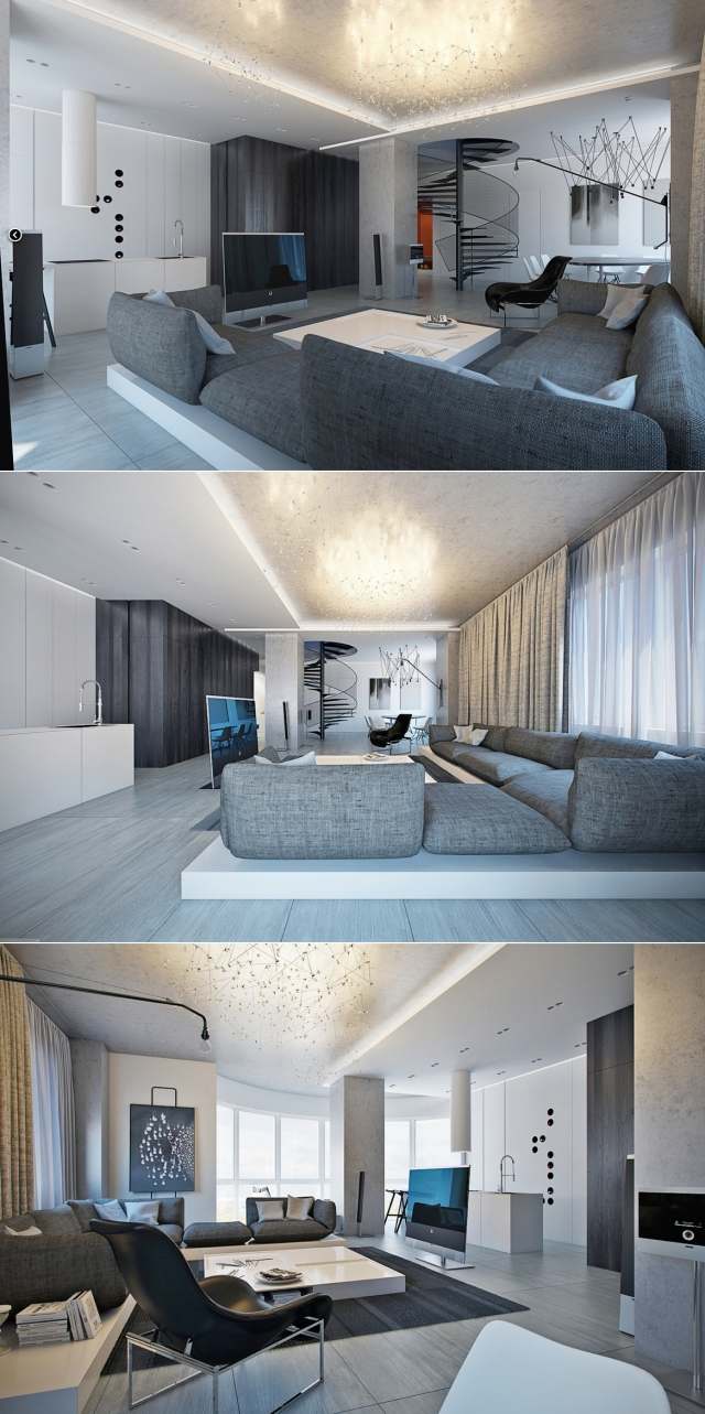 Gestaltungsideen Wohnzimmer in monochromen farben Polstermöbel Decke verziert-3d