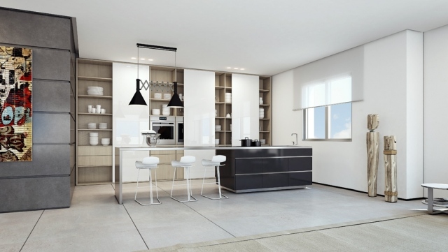Penthaus-Apartment-groß-geräumig-hell-Küchenbereich-weiße-schiebetüren
