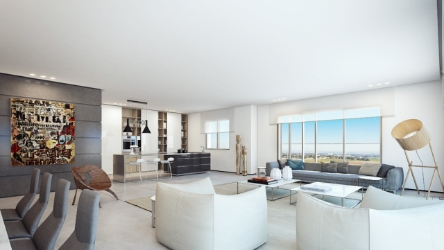 Penthouse-Apartment-Loft-Stil-weiße-Küche-Sitzbereich-Polstermöbel-weich-bequem