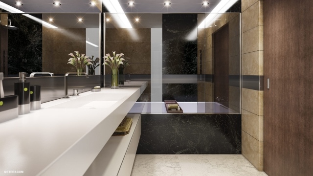 Penthouse-badezimmer-schwarz-badewanne-marmor-weißes-Keramikbecken