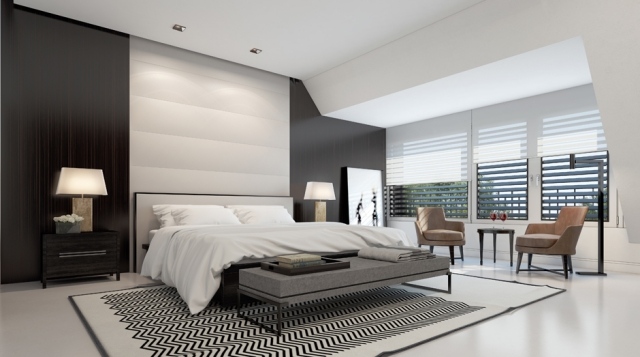 Schlafzimmer-Gestaltung-schwarz-weiß-Teppich-gemustert-Bodenbelag