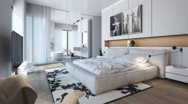 Schlafzimmer-mit-en-suite-Bad-Schiebetüren-Glas-Luxus-Wohnung-3d-Renderings
