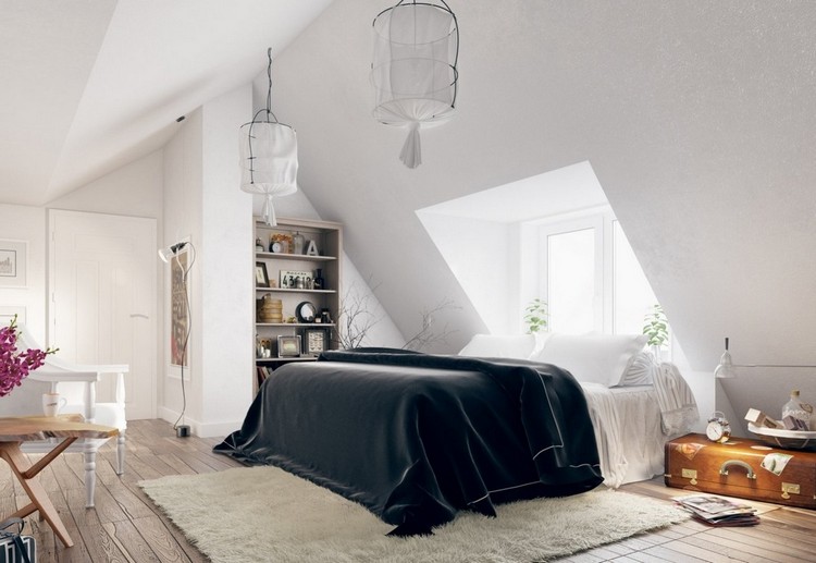 Schlafzimmergestaltung mit Dachschräge doppelbett-dielenboden-stehregal-koffer-nachttisch