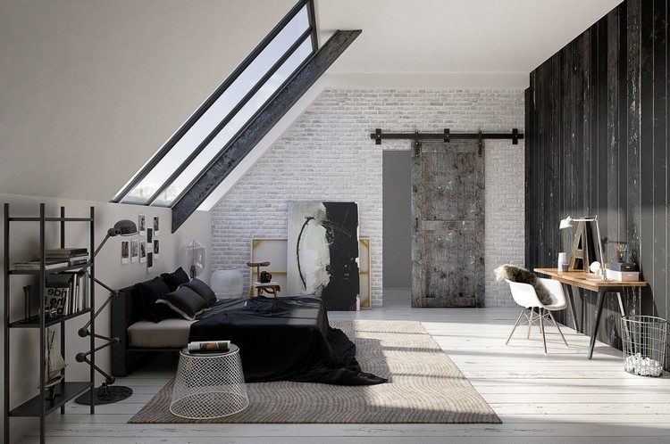 Schlafzimmergestaltung mit Dachschräge schwarz-creme-industrial-stil