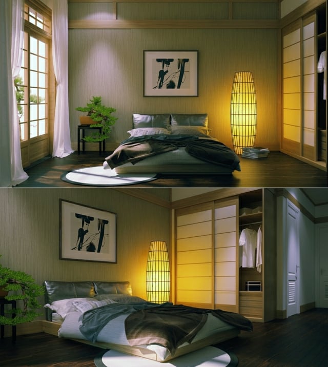 Schlafzimmer japanischer Stil einrichten Ideen Kleiderschrank Papier Schiebetür