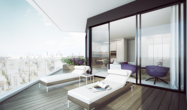 Tel-Aviv-Penthouse-Wohnung-Aussichtsterrasse-Holzdeck-Sonnenliegen-3d-visualisiert