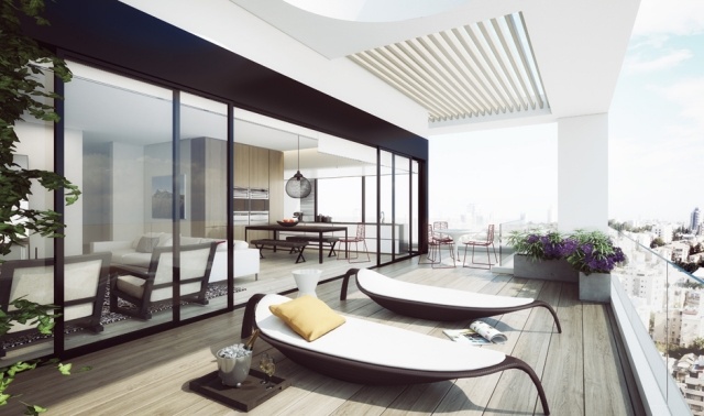 Tel-Aviv-Penthouse-überdacht-balkon-Sonnenliegen-in-Blatt-Form-ultra-modern