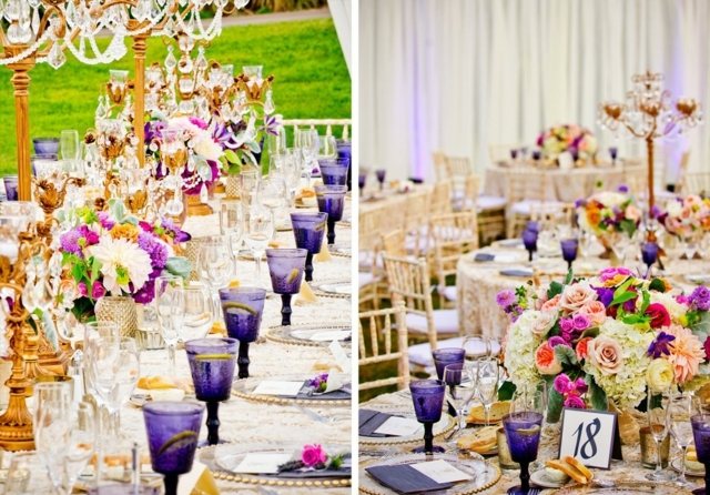 Tischdeko Ideen Weingläser lila Farbe Glamour pur Tisch Rosen