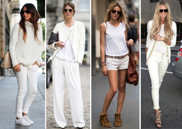 Weiße-Outfits -bunte -Sandalen- Hosen- Jacken-Taschen- Blusen-Sommer 
