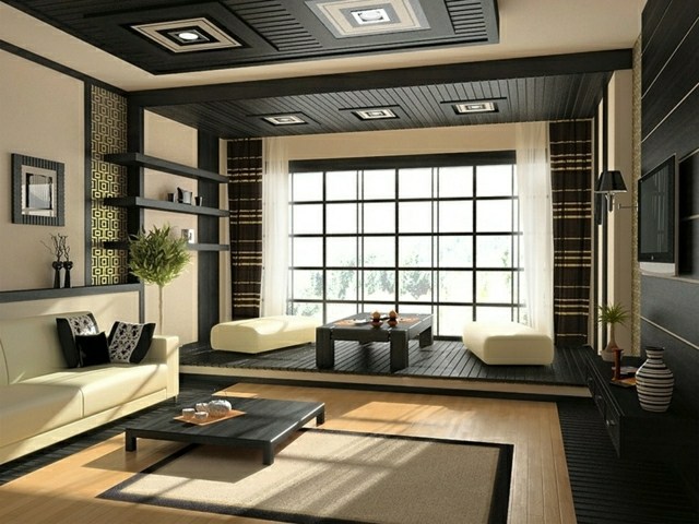 Wohnzimme Zen Stil gemütliches Ambiente niedriger Kieferholz Kaffeetisch Sitzkissen
