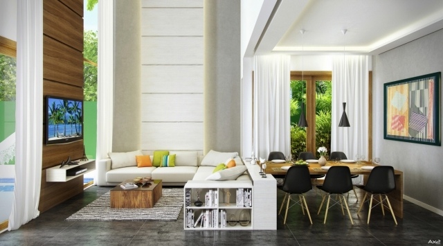 Wohnzimmer-Essbereich-doppelthohe-decke-wohnwand-flachbild-fernseher-3d-renderings