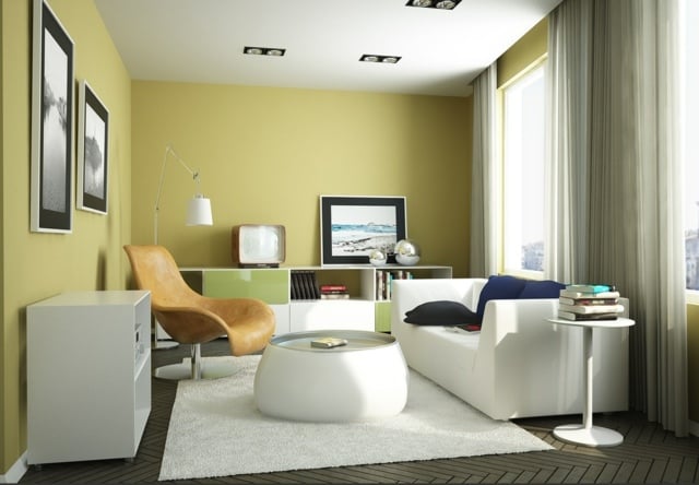  limettengrün Pastelltöne Wand weißes Sofa moderne Möbel
