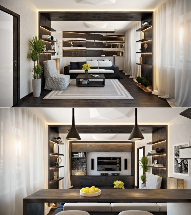 Wohnzimmer Küche-Kochinsel-Integriertes Licht-Blumenkübel Zimmerpflanzen 3d