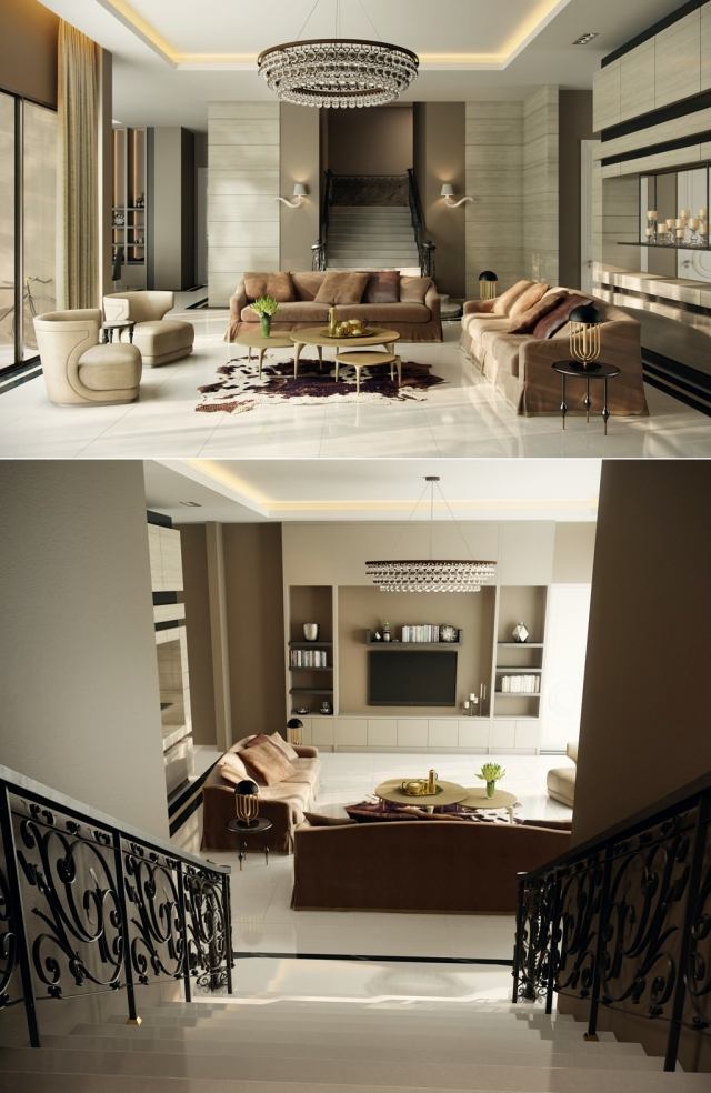 Wohnzimmer-schmiedeeisen-treppengeländer-schwarz-Sofa-set-kronleuchter-design