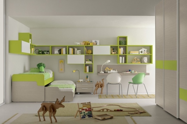 auszugsbett-jugendzimmer-gestaltung-modern-Holzmöbel-Wandregale-Grün-gelb