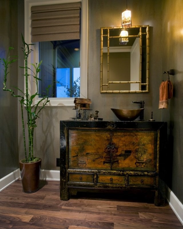 bad-Design-asiatischer-stil-vintage-waschtischschrank-holz-bambus-spiegelrahmen