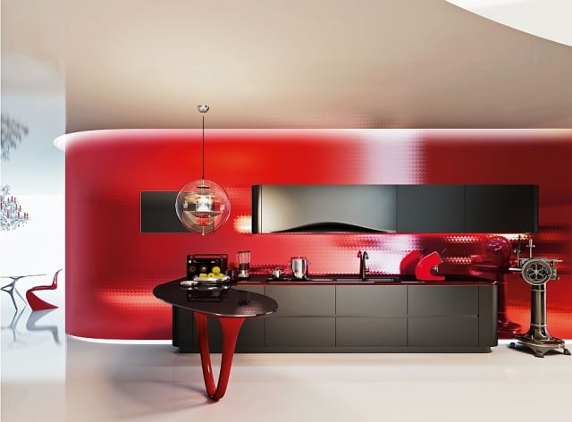 designer küche mit halbinsel matt-schwarz-hochglanz-rot-ferrari-inspiriert