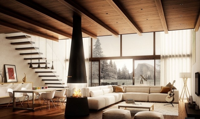 Indoor kamin hängend-glas treppengeländer-gemütliches Wohnzimmer-3d rendering 