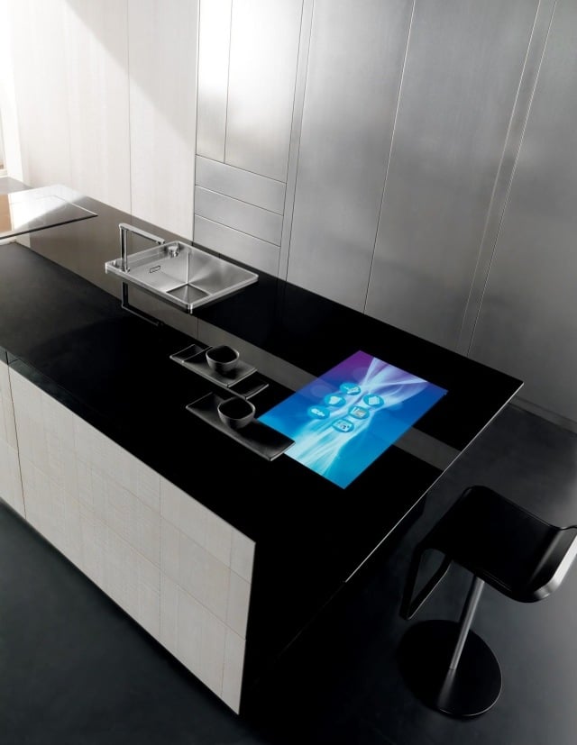 hightech-küche carbonfaser-touchscreen-technologie-arbeitsplatte-kochinsel