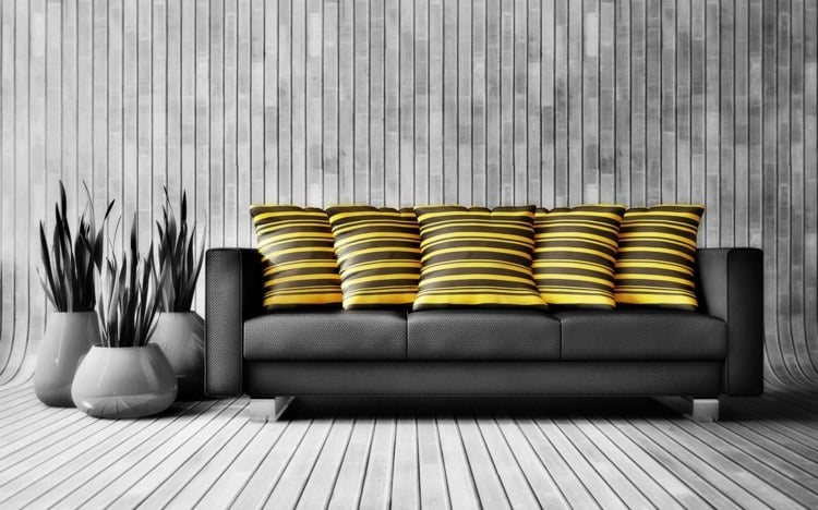 ideen zur wandgestaltung holz verkleidung wohnzimmer sofa gelb kissen