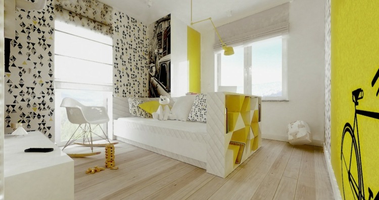 jugendzimmer gestalten minimalistisch-gelb-akzente-tagesbett-tapete