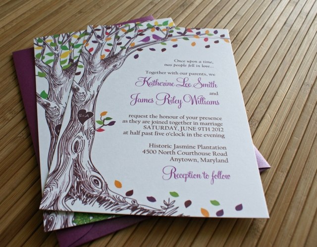 lila Hochzeit Einladungen Karte bedrücken Baum grün orange Blätter