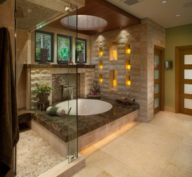 luxus-bad-design-ideen-einbau-badewanne-rund-whirlpool-duftkerzen-deko