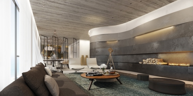 luxus-penthouse-indoor-kamin-offen-wand-design-fließende-wellenform-kronleuchter