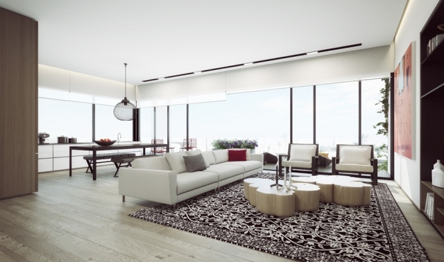 luxus-penthouse-tel-aviv-loft-stil-weiße-einbauküche-rustikaler-kaffeetisch-teppich-gemustert