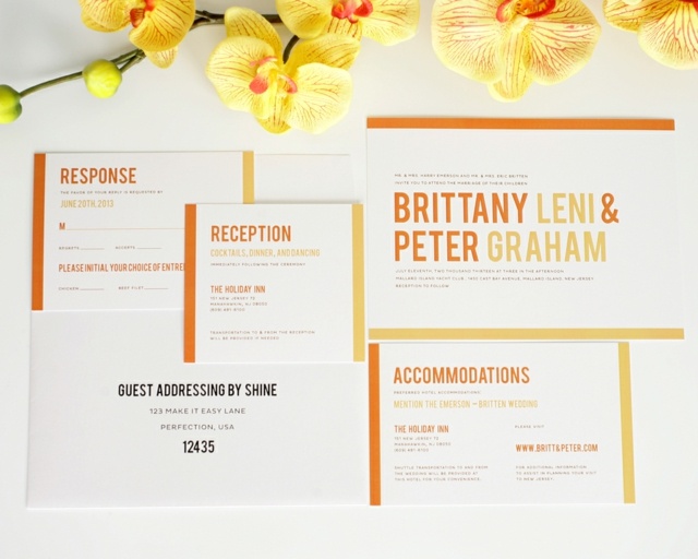 moderne Hochzeitkarte grün orange Orchideen formal klassische Hochzeit