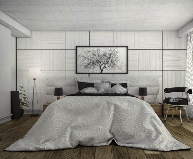 moderne-schlafzimmergestaltung-monochromatisch-grau-wandplatten-deko-holz-dielenboden-nachttische