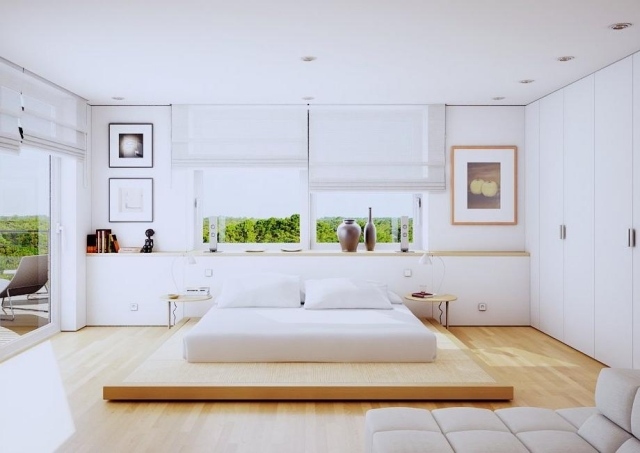 modernen schlafzimmergestaltung weiss-plattform-bett-laminatboden-einbaukleiderschrank-fensterrollos