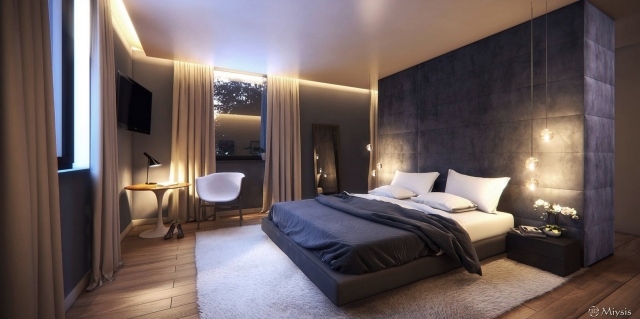 modernes-schlafzimmer-abgehaengte-decke-beleuchtung-gepolsterte-wand-pendelleuchten